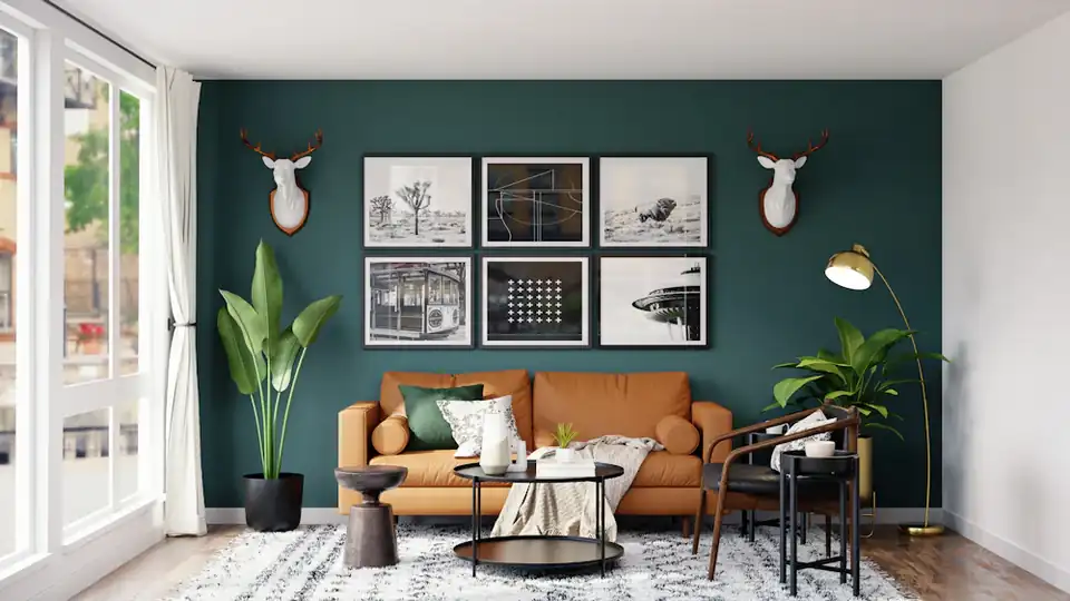 Living room with a deep teal accent wall